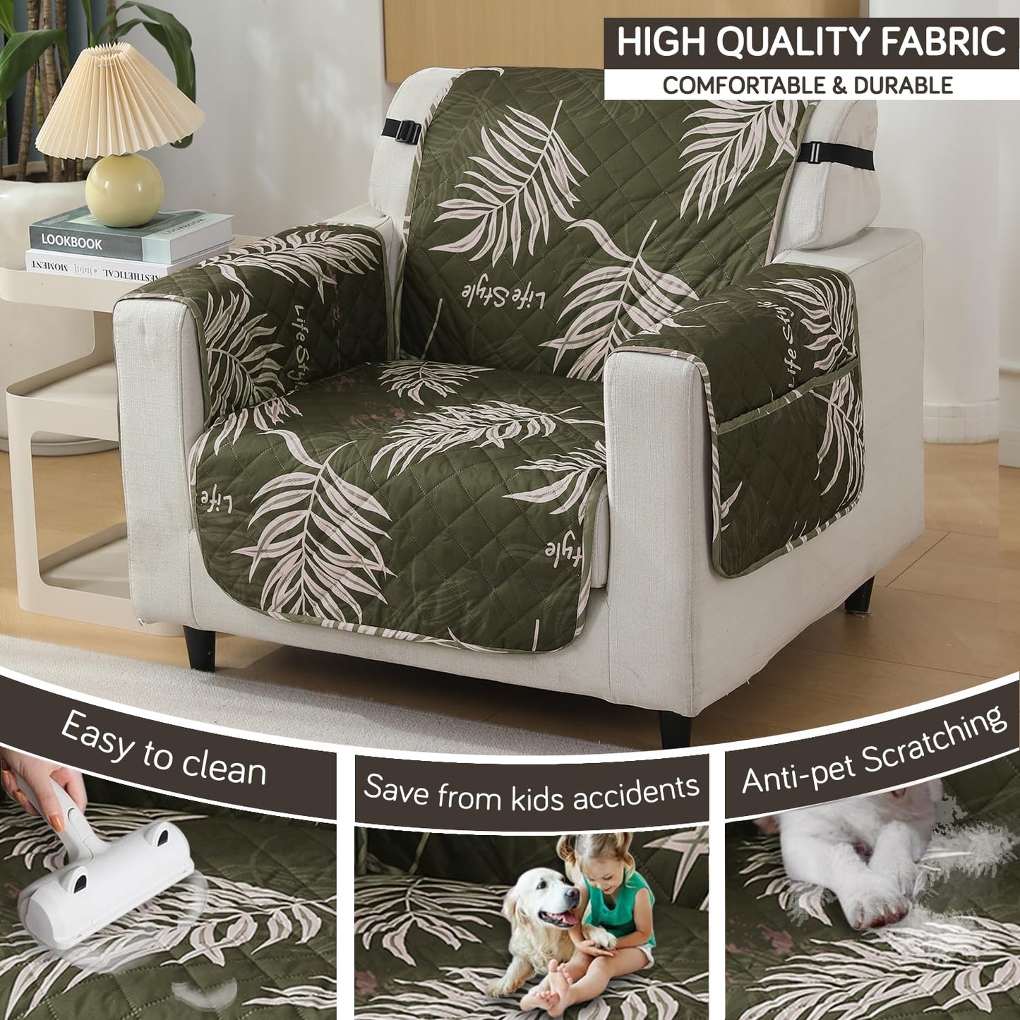 Quilted Waterproof Sofa Cover Mat with Pockets on Armrest Cover - Palm Leaves Olive