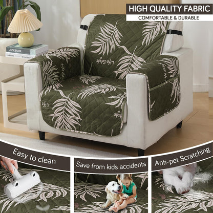 Quilted Waterproof Sofa Cover Mat with Pockets on Armrest Cover - Palm Leaves Olive