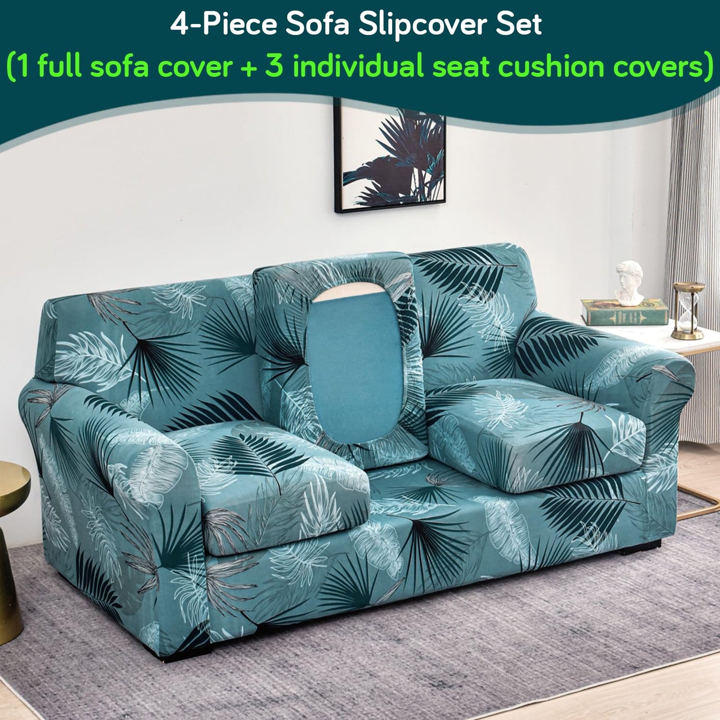 Printed Stretchable Sofa Slipcover with 1/2/3 Pc Separate Seat Cushion Cover for each 1/2/3 Seater, Aqua Palm Whisper