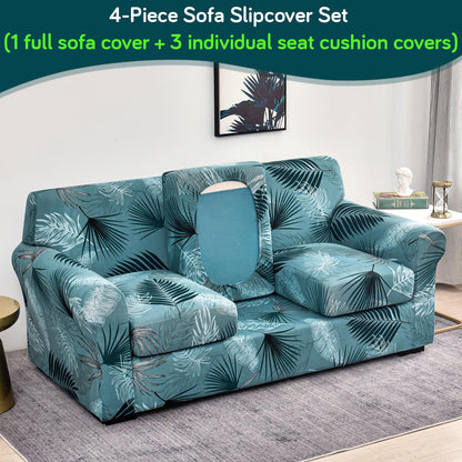 Printed Stretchable Sofa Slipcover with 1/2/3 Pc Separate Seat Cushion Cover for each 1/2/3 Seater, Aqua Palm Whisper