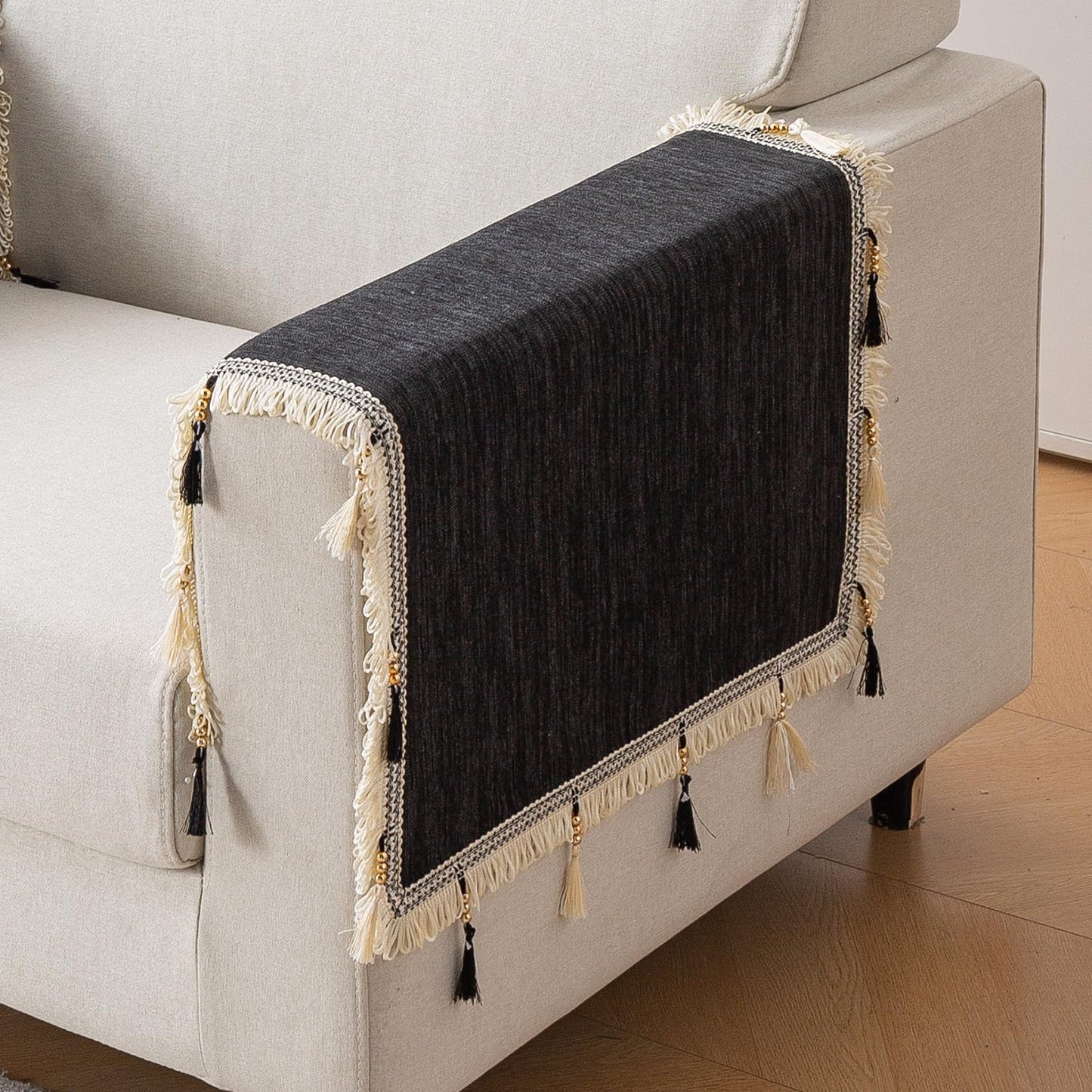 Serenity Tassel Chenille Sofa Cover with Tassel – Midnight Graphite