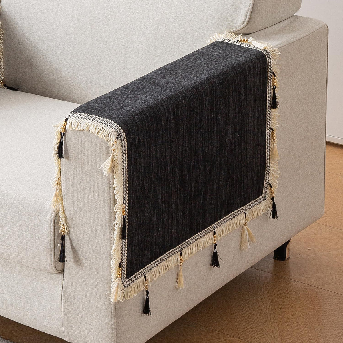 Serenity Tassel Chenille Sofa Cover with Tassel – Midnight Graphite