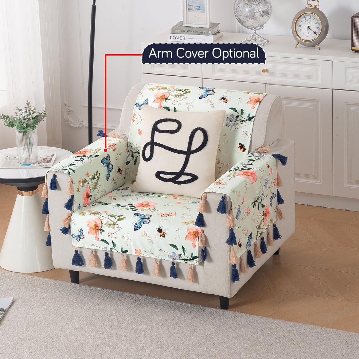 'Whispers of Nature' Series Holland Velvet Sofa Cover with Tassel, Pastel Butterfly Meadow