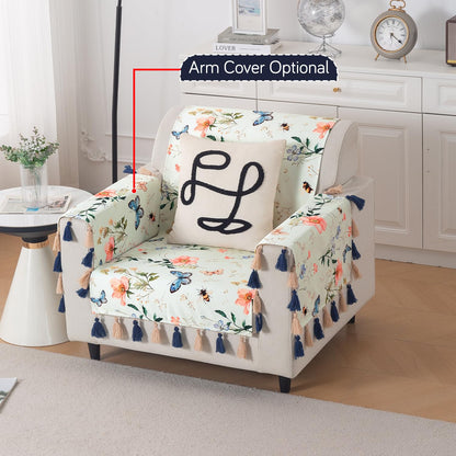 'Whispers of Nature' Series Holland Velvet Sofa Cover with Tassel, Pastel Butterfly Meadow