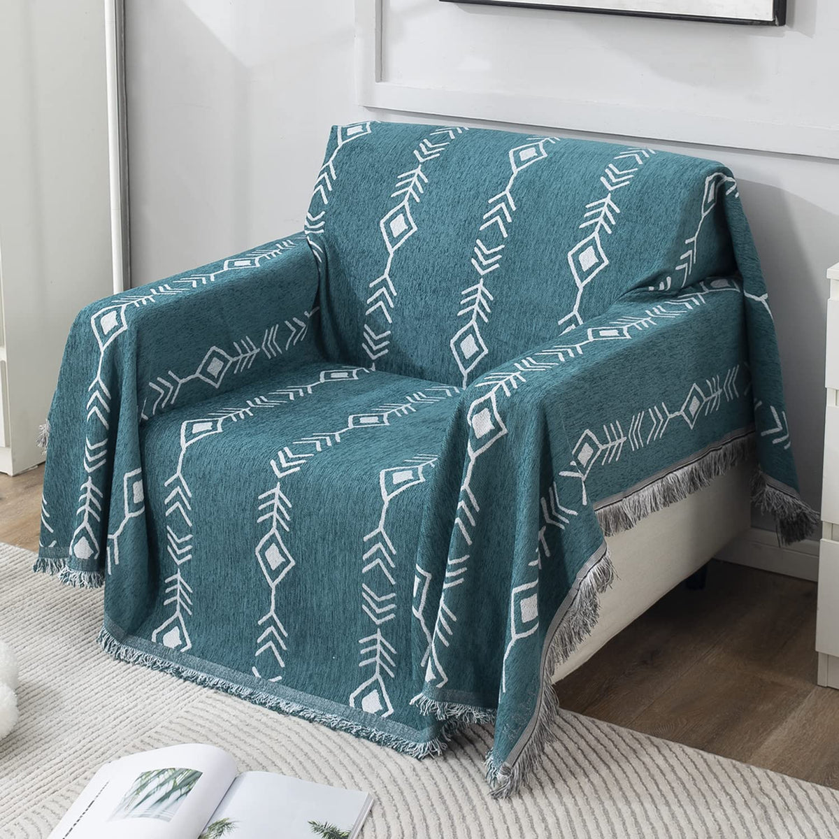 Thick, Soft and Pet Friendly Chenille Sofa Cover Throw, Teal Aztec