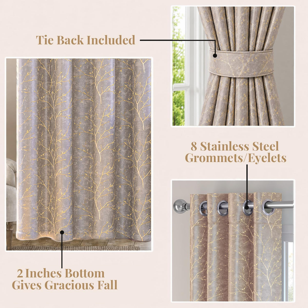 HOKIPO Shimmer Foil Printed Curtains, 7 Feet Long - Taupe - image 4