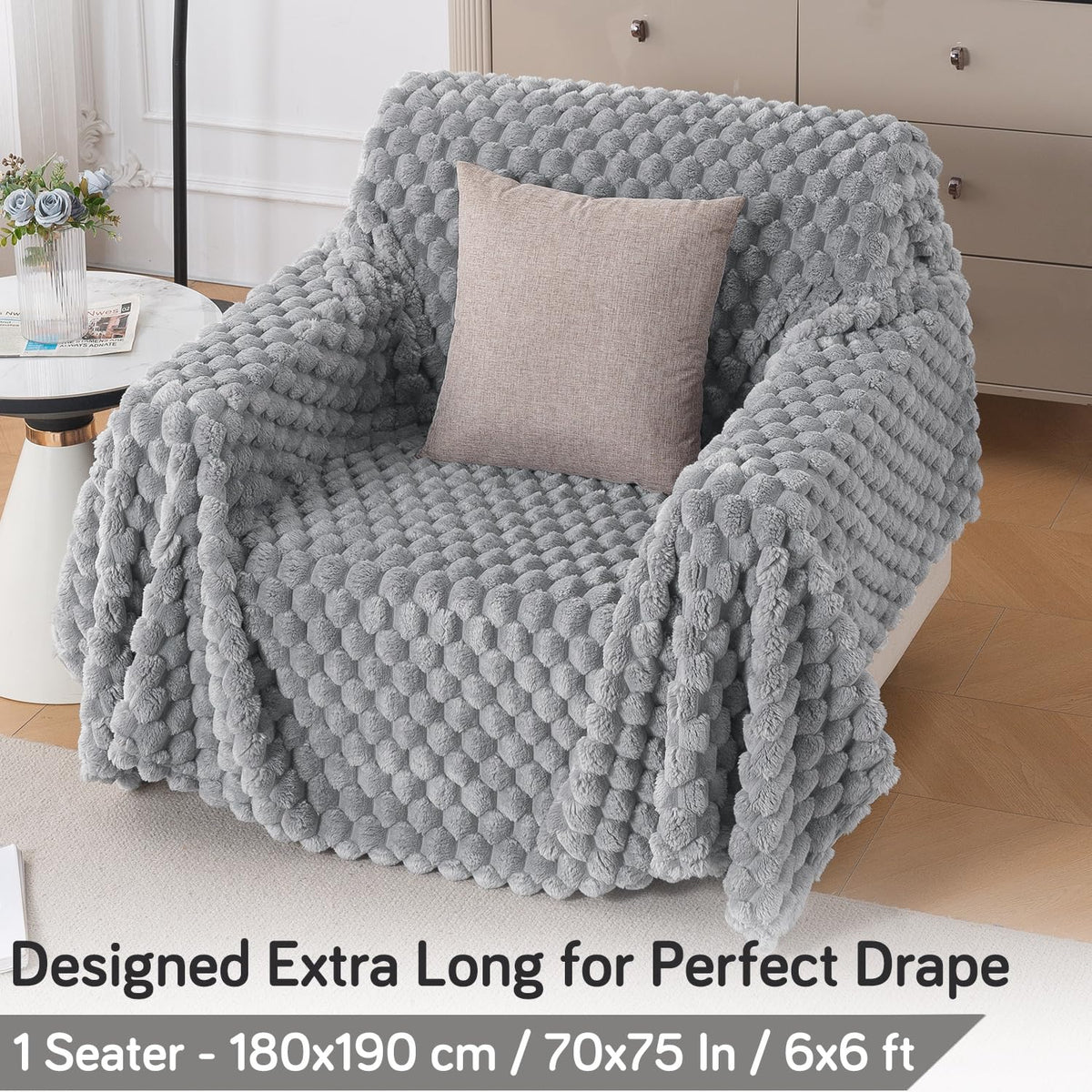 Luxury Rabbit Wool Plush Sofa Throw, Moon Grey