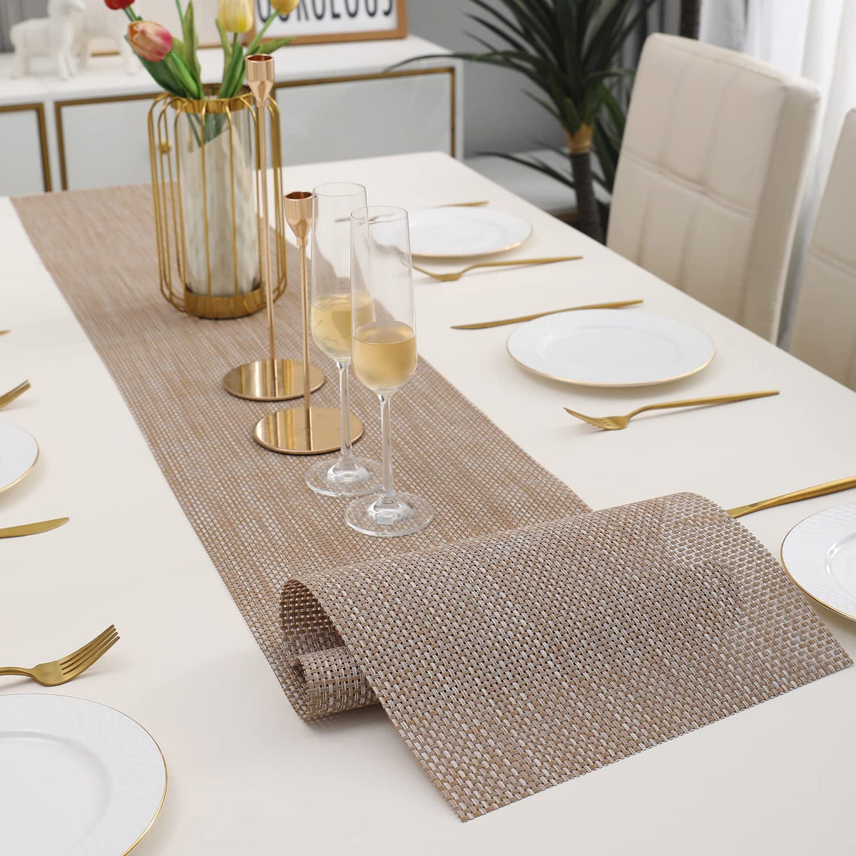 Buy Beige Brown Colour Heat Resistant Eco-friendly PVC Dining Table Runner | HOKIPO