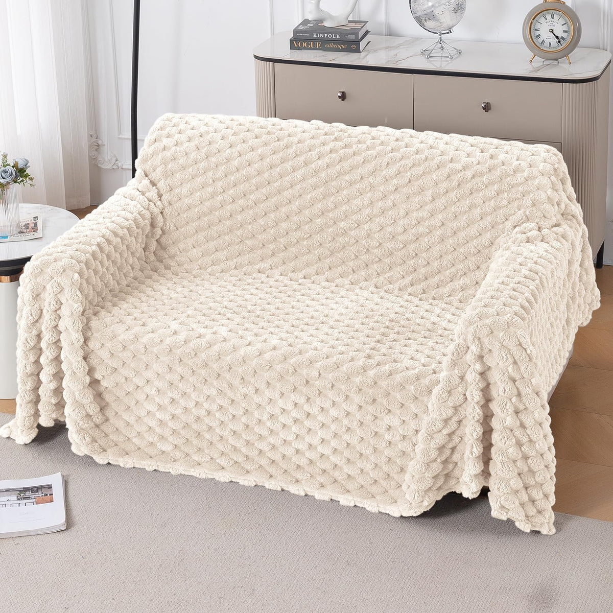Luxury Rabbit Wool Plush Sofa Throw, Cream