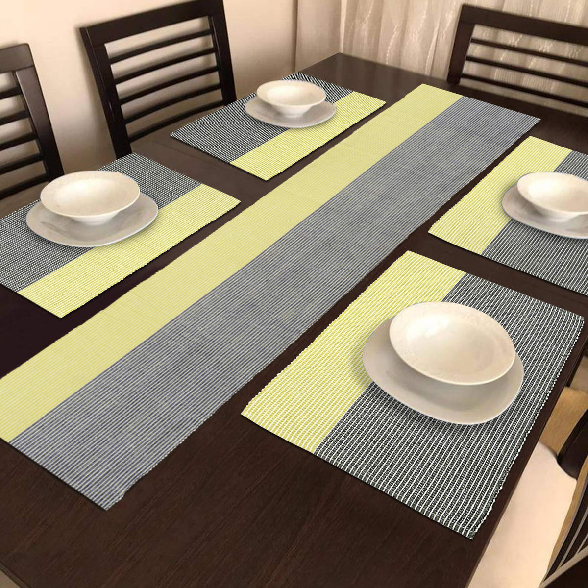 Ribbed Cotton Heat Resistant Dining Table Mat, Yellow & Grey