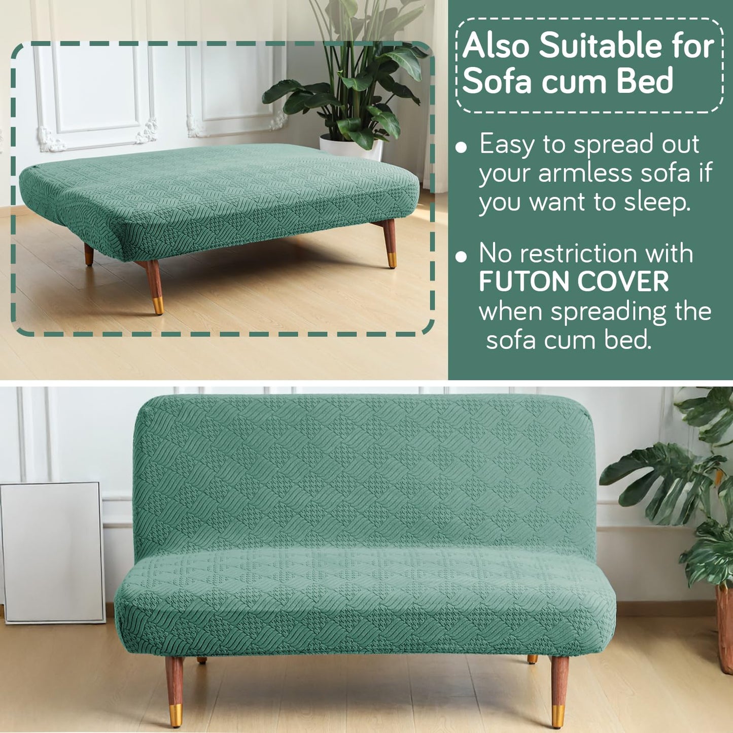 Luxurious Stretchable Spandex Jacquard Sofa-Cum-Bed Cover for Futon – Green