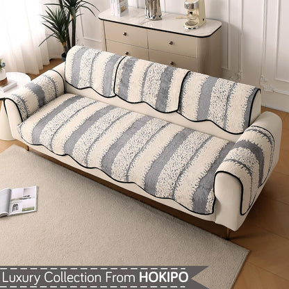 Luxury Sofa Cover Set | Seat, Back & Arm Covers | Anti-Slip Wavy Mat – Pewter Grey