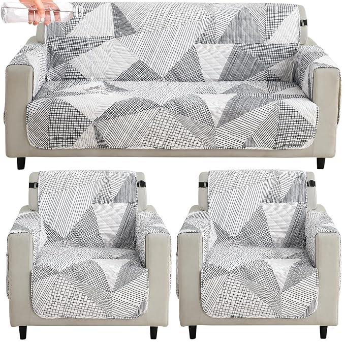 Waterproof & Quick-Dry Quilted Sofa Cover with Pockets on Armrest, Snow White Black Geometry
