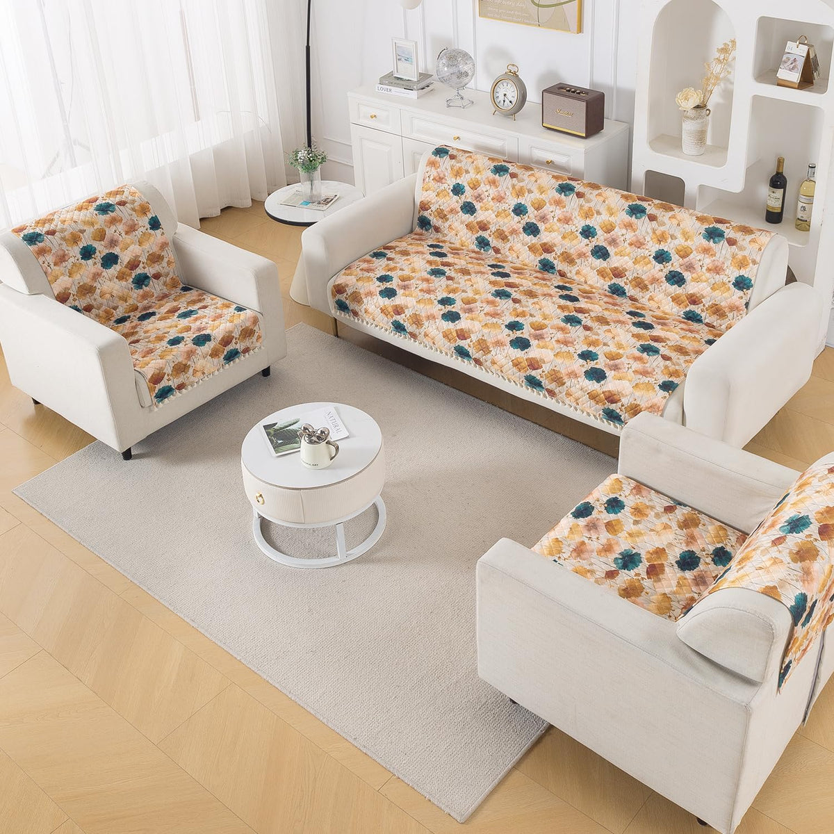 Quilted Sofa Cover 5-Seater Sofa Cover (3+1+1), Tassel Twigs | Boho Wildflower