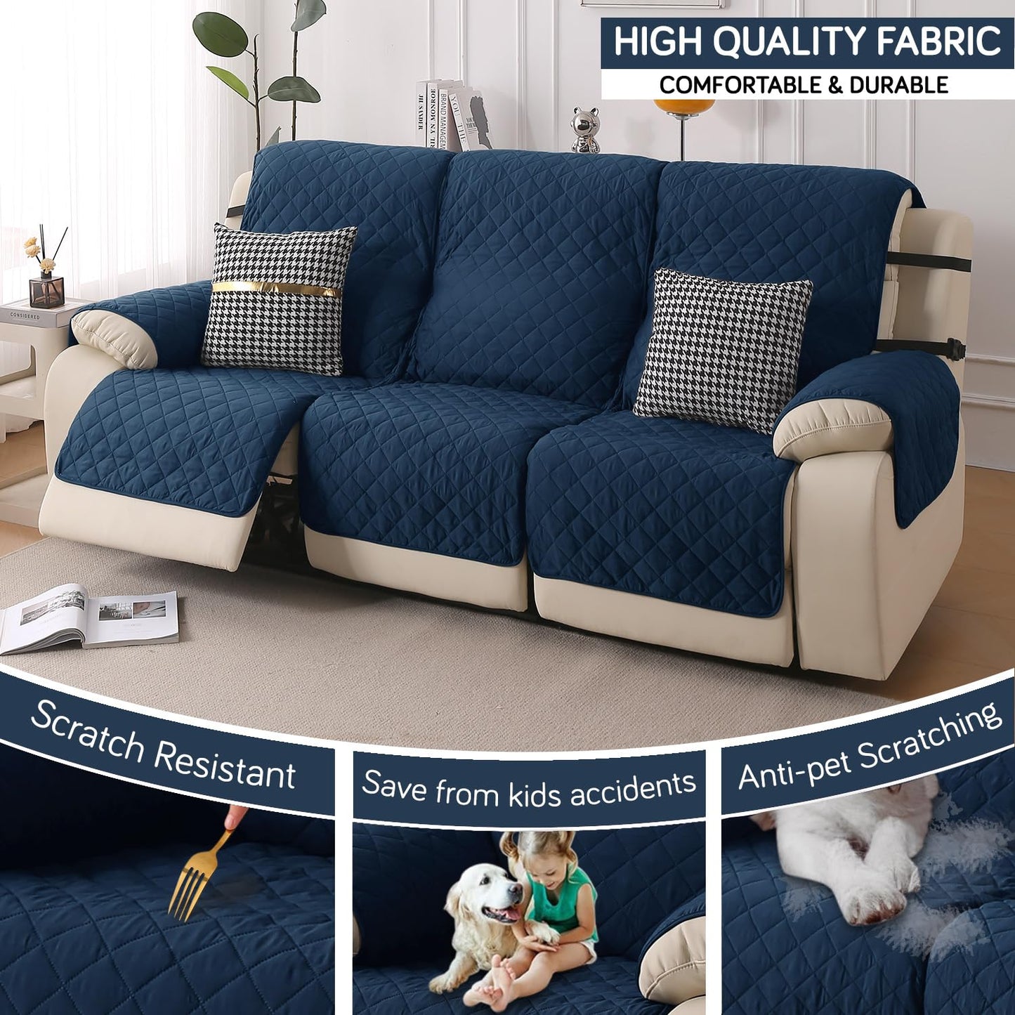 UrbanQuilt Recliner Sofa Slipcover Mat with Dual Belt for 1/2/3 Seater - Navy Blue