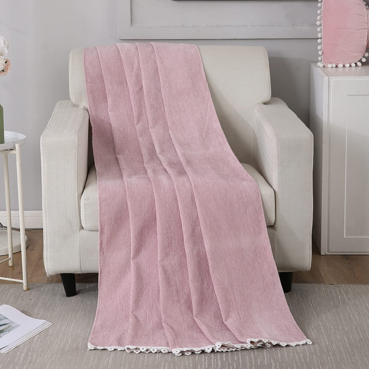 Pink chenille sofa throw cover is machine washable, available for 1, 2, 3 seater sofas

