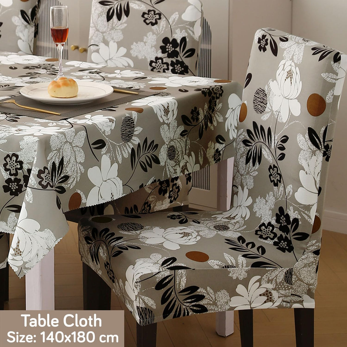 Elastic Dining Chair Covers with Matching Tablecloth, Feather Brown Floral
