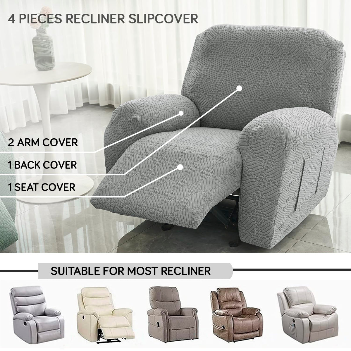 Buy Light Grey Colour Jacquard 4 Pieces Recliner Slipcover | HOKIPO