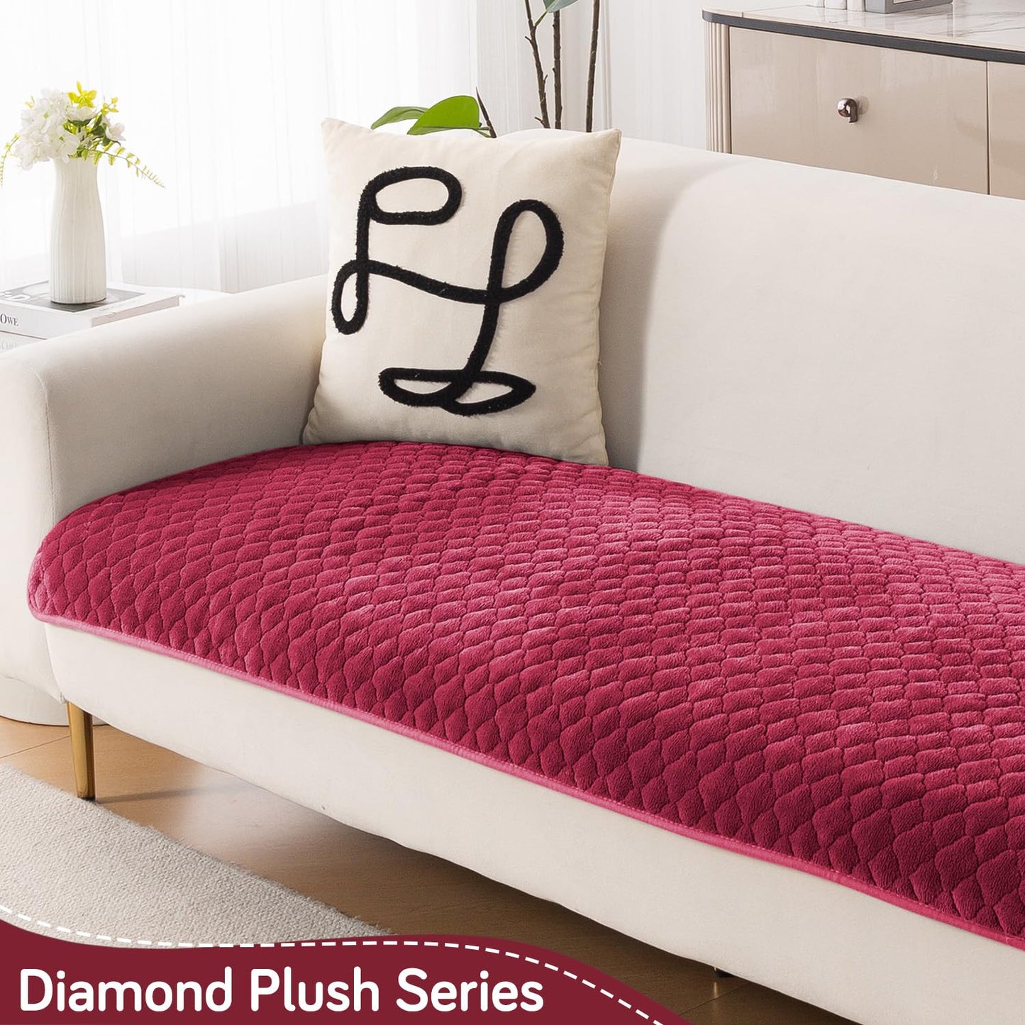 Diamond Plush Premium Quilted L Shape Sofa Cover Seat Mat, Wine