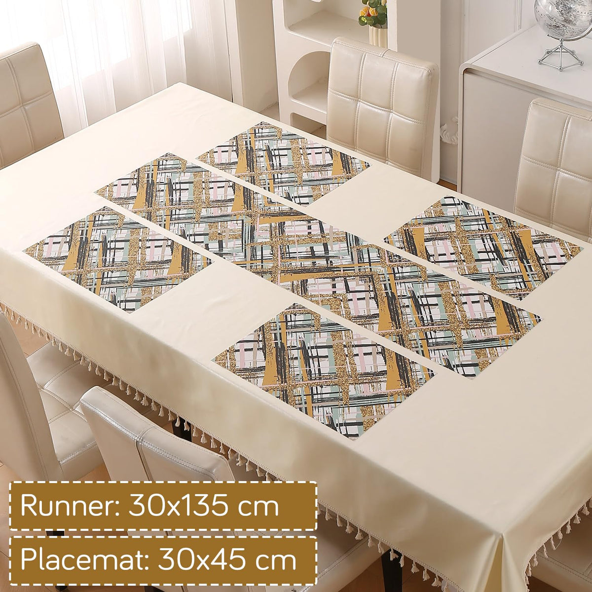 Marble Fusion PVC Mats for Dining Table, Crosshatch - Mustard Gold