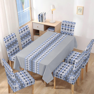 Polyester Dining Chair Covers Set of 4/6 with Matching Tablecloth, Mosaic Blissful Blue