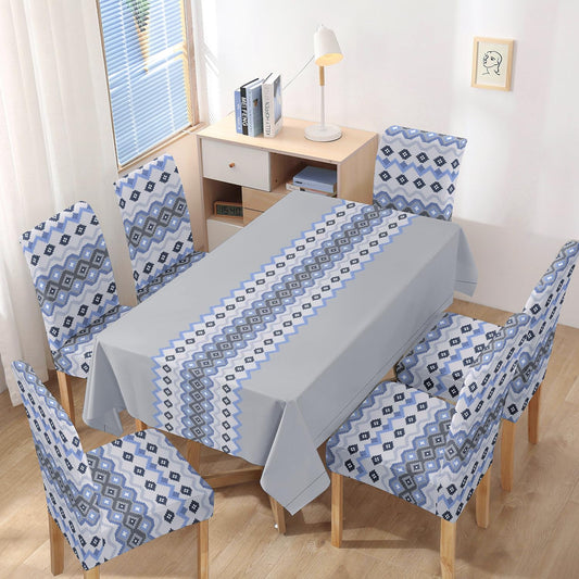 HOKIPO Polyester Dining Chair Covers Set of 4/6 with Matching Tablecloth, Mosaic Blissful Blue