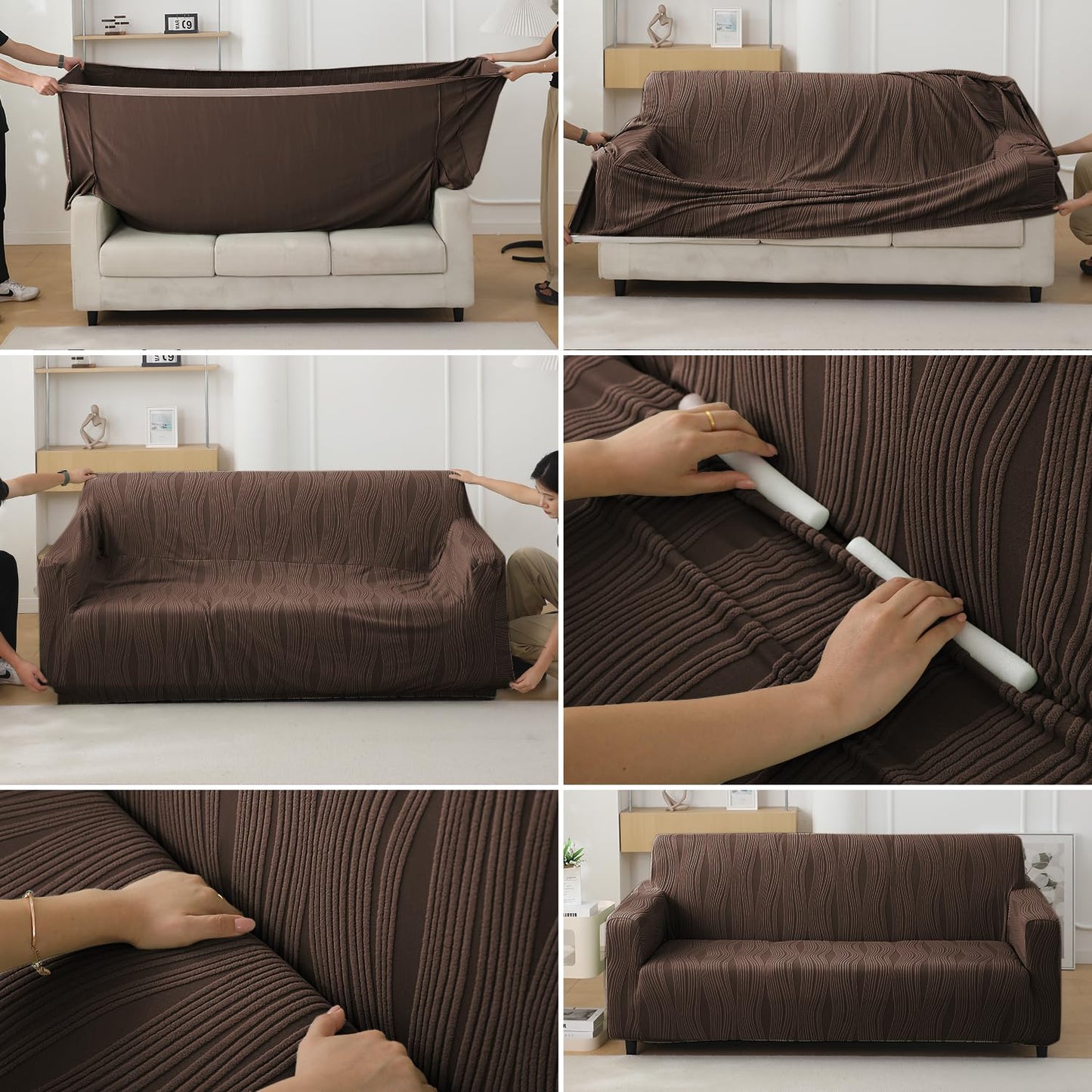 guide on how to put on chocolate brown colour nestiva series knitting jacquard elastic stretchable sofa cover