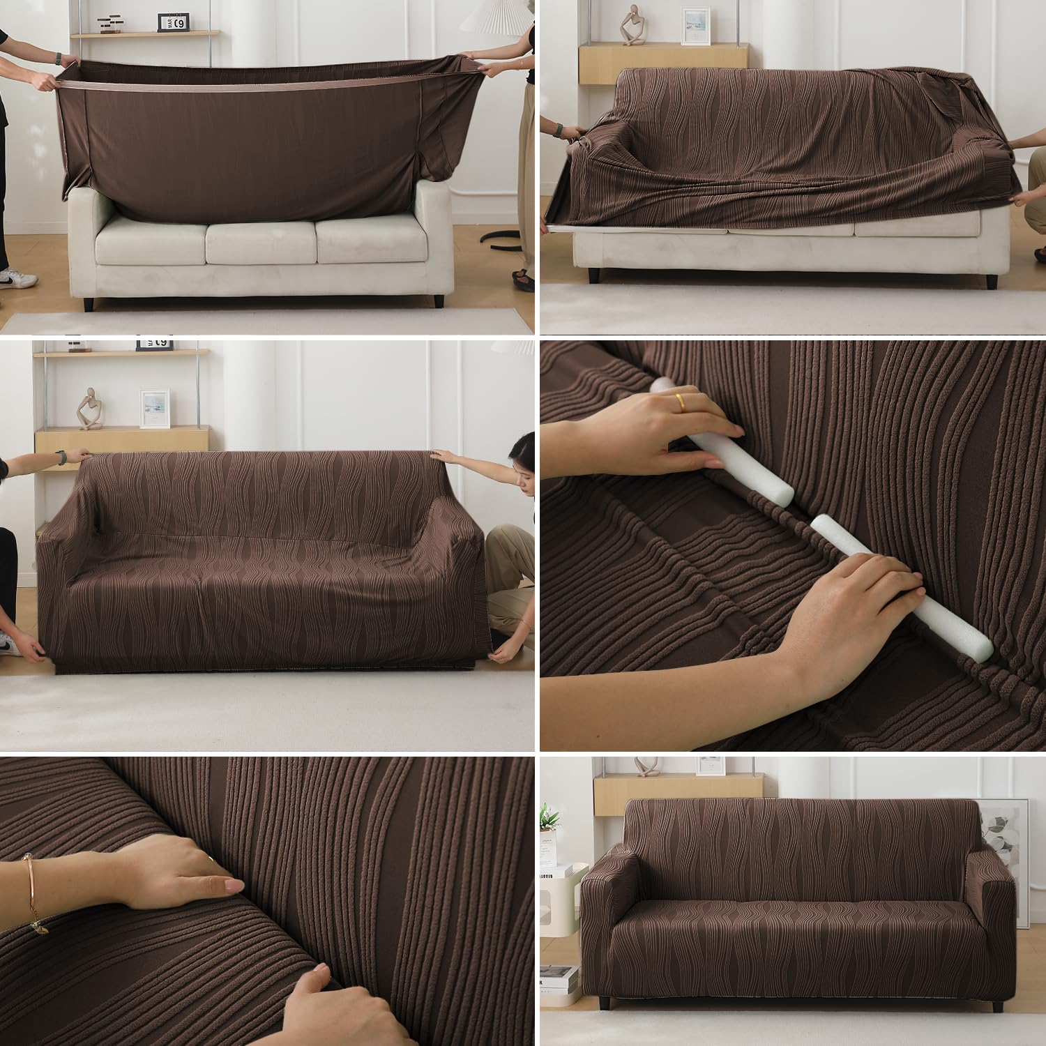 guide on how to put on chocolate brown colour nestiva series knitting jacquard elastic stretchable sofa cover