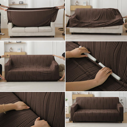 guide on how to put on chocolate brown colour nestiva series knitting jacquard elastic stretchable sofa cover