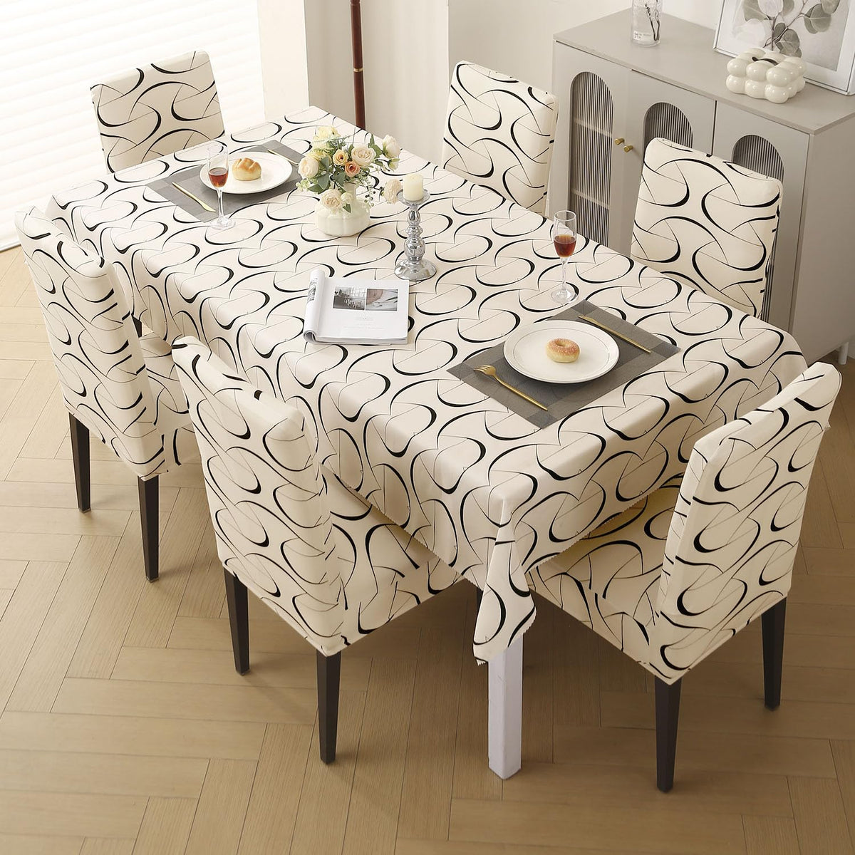Elastic Dining Chair Covers with Matching Tablecloth, Natural Beige Abstract Art