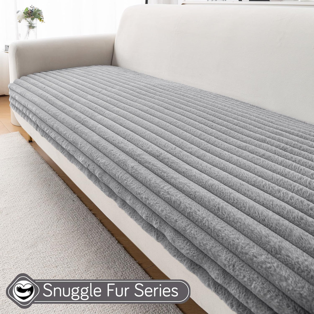 Faux Rabbit Fur Sofa Cover Combination Set, 'Snuggle Fur Series' Grey