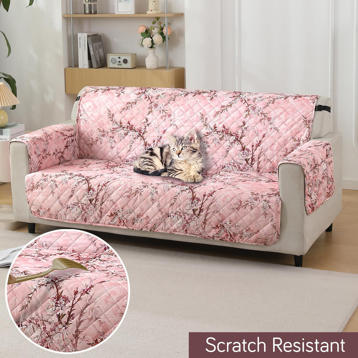 Blossom Flower Pink print Scratch resistant quilted waterproof sofa mat | Hokipo