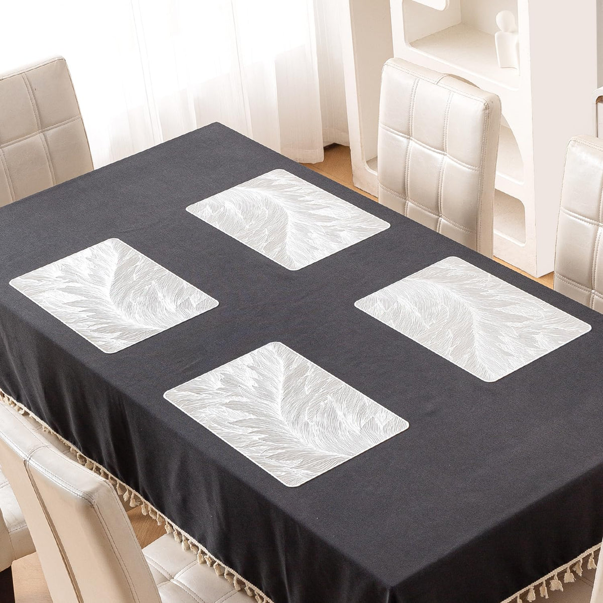 Metallic Glow Shining Mats for Dining Table, Cyad Leaves - Cool Silver