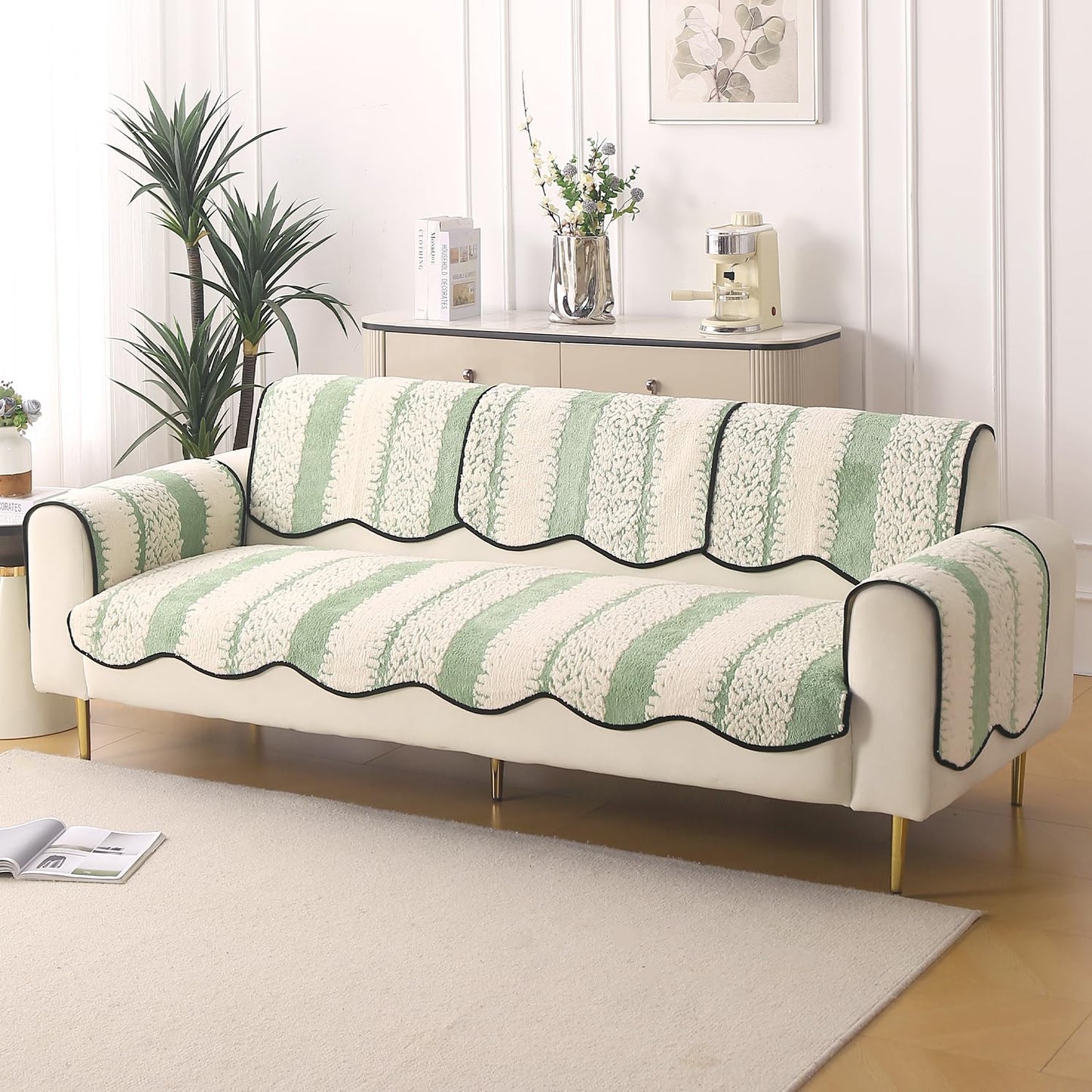 Luxury Sofa Cover Set | Seat, Back & Arm Covers | Anti-Slip Wavy Mat – Pistachio Green