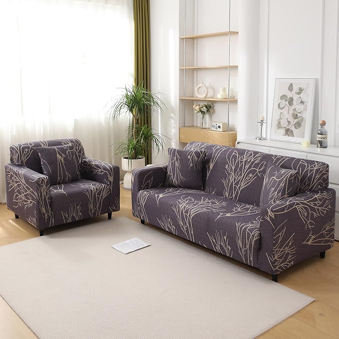 140 GSM Elastic Stretchable Sofa Slipcover Protector, Dark Coffee Twigs