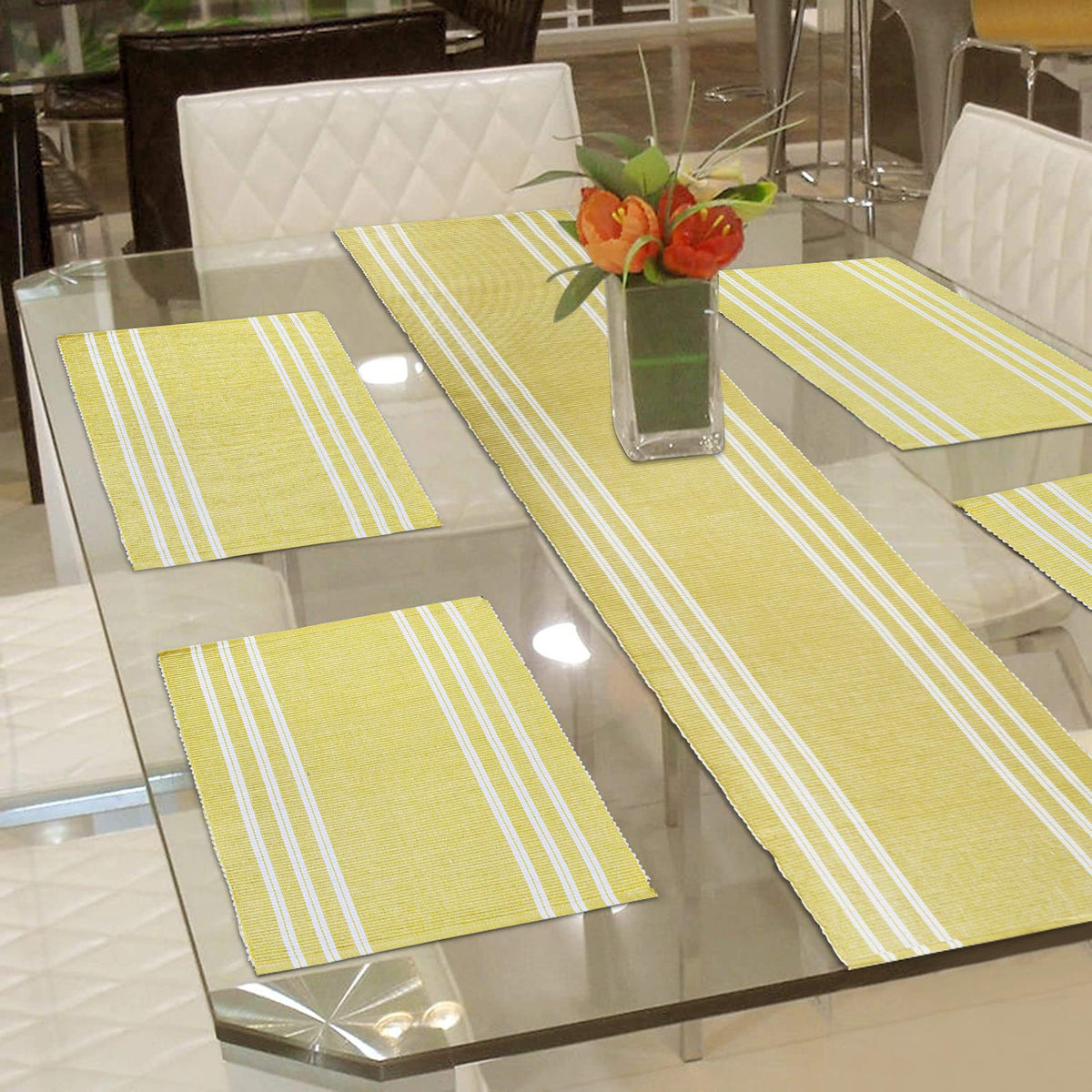 Ribbed Cotton Heat Resistant Dining Table Mat, Yellow Striped