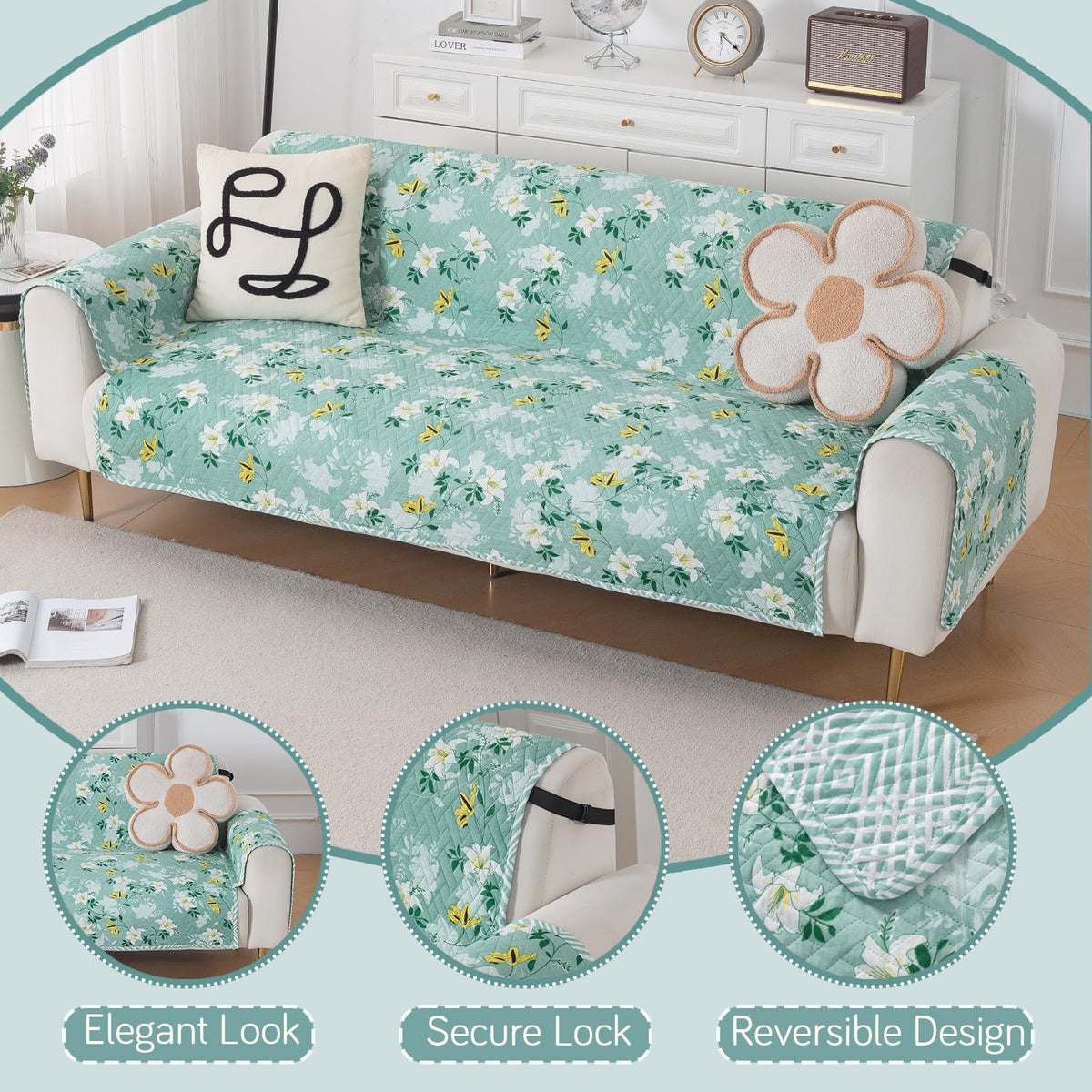 Easy Drape Reversible Quilted 5-Seater Sofa Cover (3+1+1), Fresh Meadow