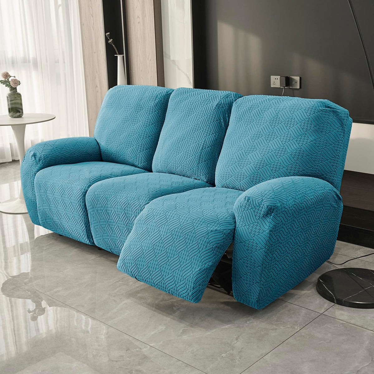 Buy Turquoise Colour Jacquard Recliner Sofa Cover -  HOKIPO | Har Ghar ka Humsafar