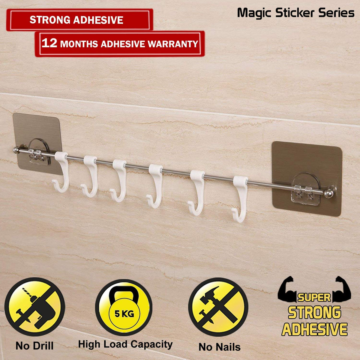 Magic Sticker Series Self Adhesive Chrome Plated Metal Hook Rail Bar for Kitchen and Bathroom, Silver