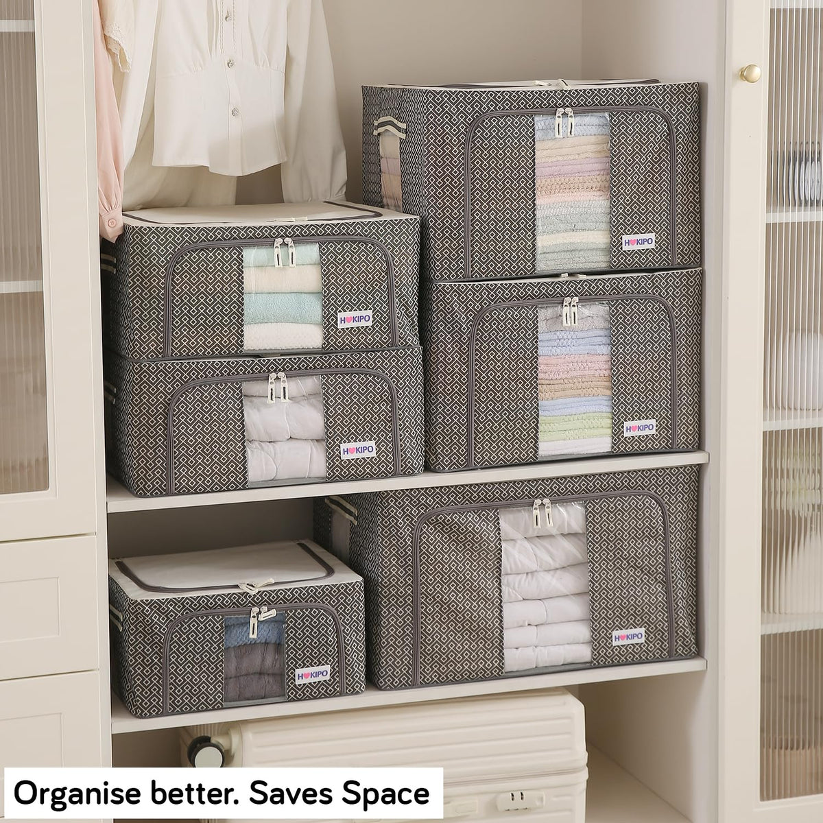 Wardrobe Organizer Storage Box | Foldable Cloth Storage Boxes with Metal Frame & Window | 600D Oxford Fabric, Charcoal Grey