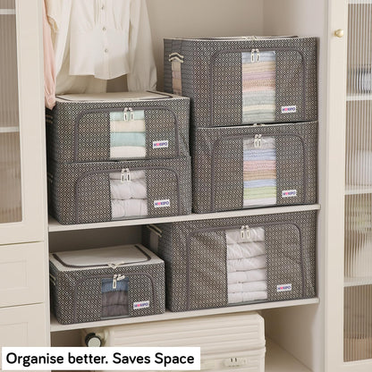 Wardrobe Organizer Storage Box | Foldable Cloth Storage Boxes with Metal Frame & Window | 600D Oxford Fabric, Charcoal Grey