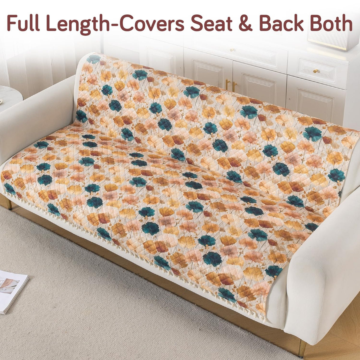 Quilted Sofa Cover 5-Seater Sofa Cover (3+1+1), Tassel Twigs | Boho Wildflower