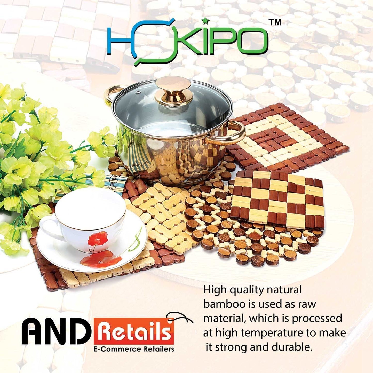 HOKIPO Square Bamboo Table Coaster, Pan Pot Holder, 16 x 16 cm, 4 Piece Set