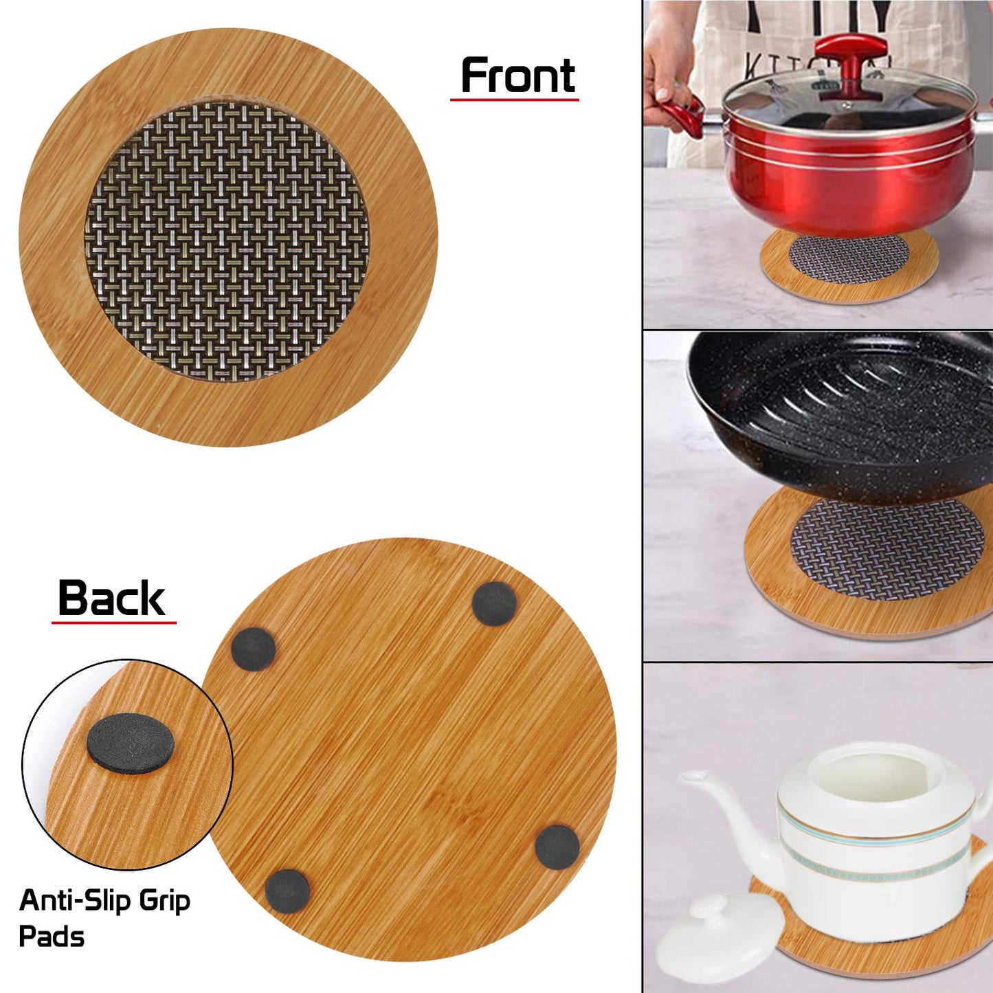 HOKIPO Bamboo Wooden Coasters for Dining Table Heat Pad for Kitchen - Pack of 2/4/6