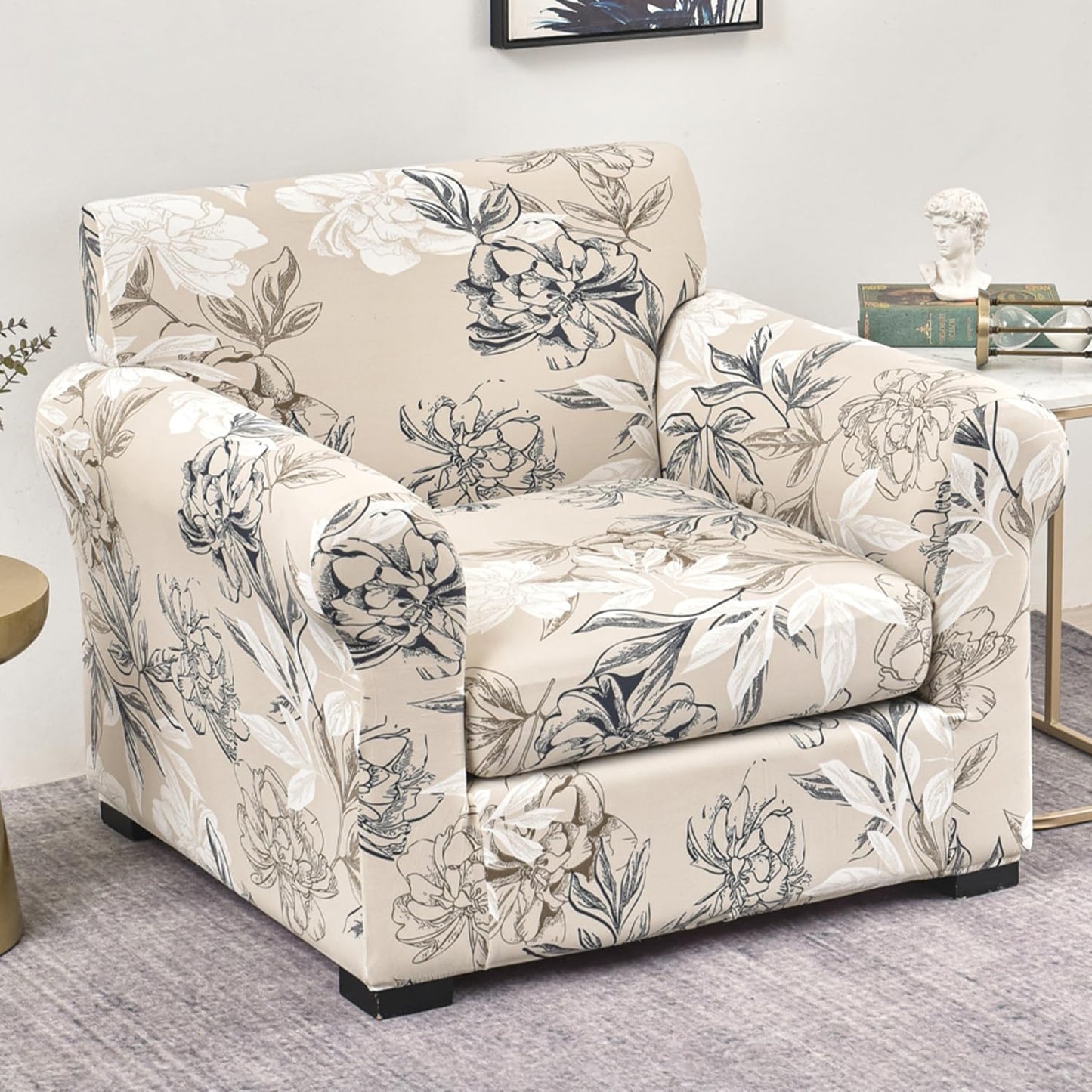 Printed Stretchable Sofa Slipcover with 1/2/3 Pc Separate Seat Cushion Cover for each 1/2/3 Seater, Beige Vintage Peony