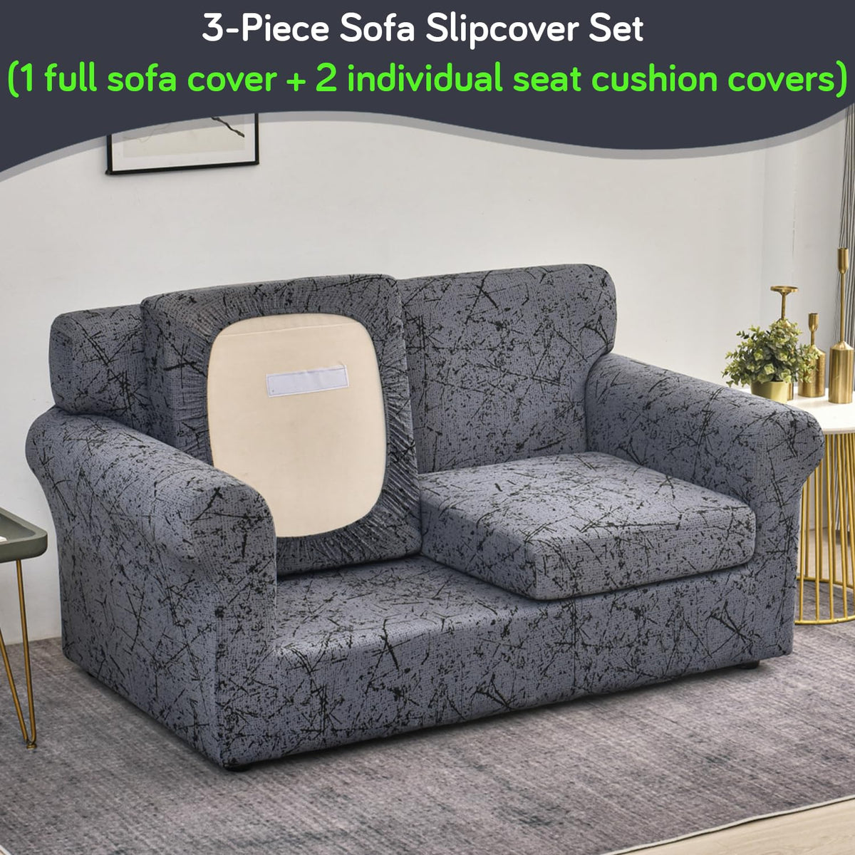 Printed Stretchable Sofa Slipcover with 1/2/3 Pc Separate Seat Cushion Cover for each 1/2/3 Seater, Intense Grey Splatter