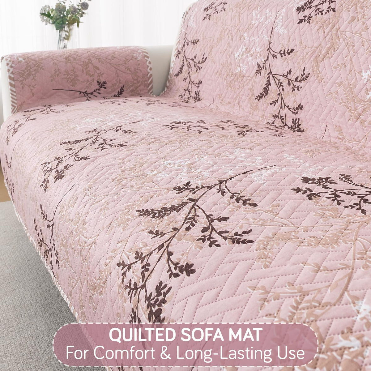 Easy Drape Reversible Quilted 5-Seater Sofa Cover (3+1+1), Blush Branch