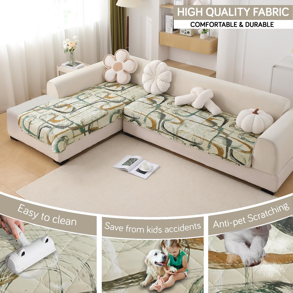 Waterproof Printed Quilted Quick Dry L Shape Sofa Seat Cover Mat, Parchement Beige Abstract Art