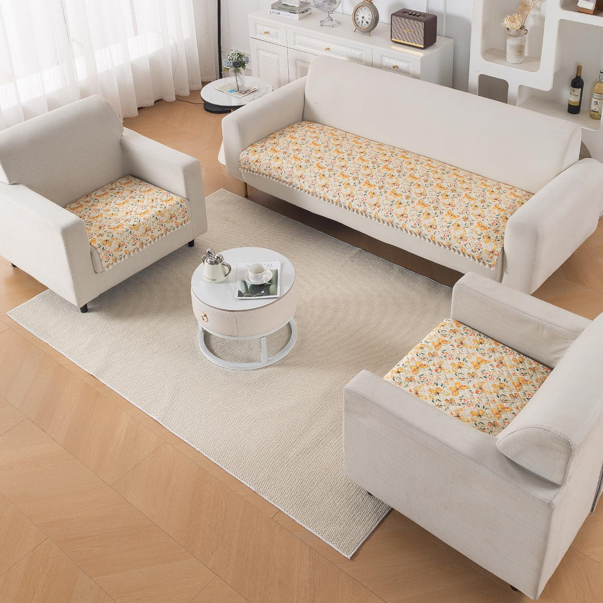 Quilted Sofa Seat Mat for 5-Seater Sofa (3+1+1), Tassel Twigs | Sunlit Butterfly
