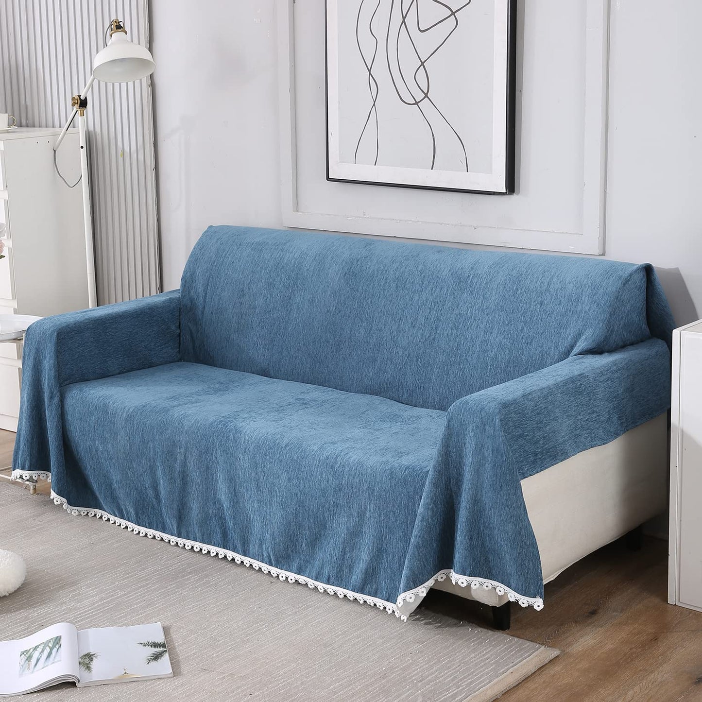 Blue colour chenille Three seater sofa throw of size 180(D)x300(L)
